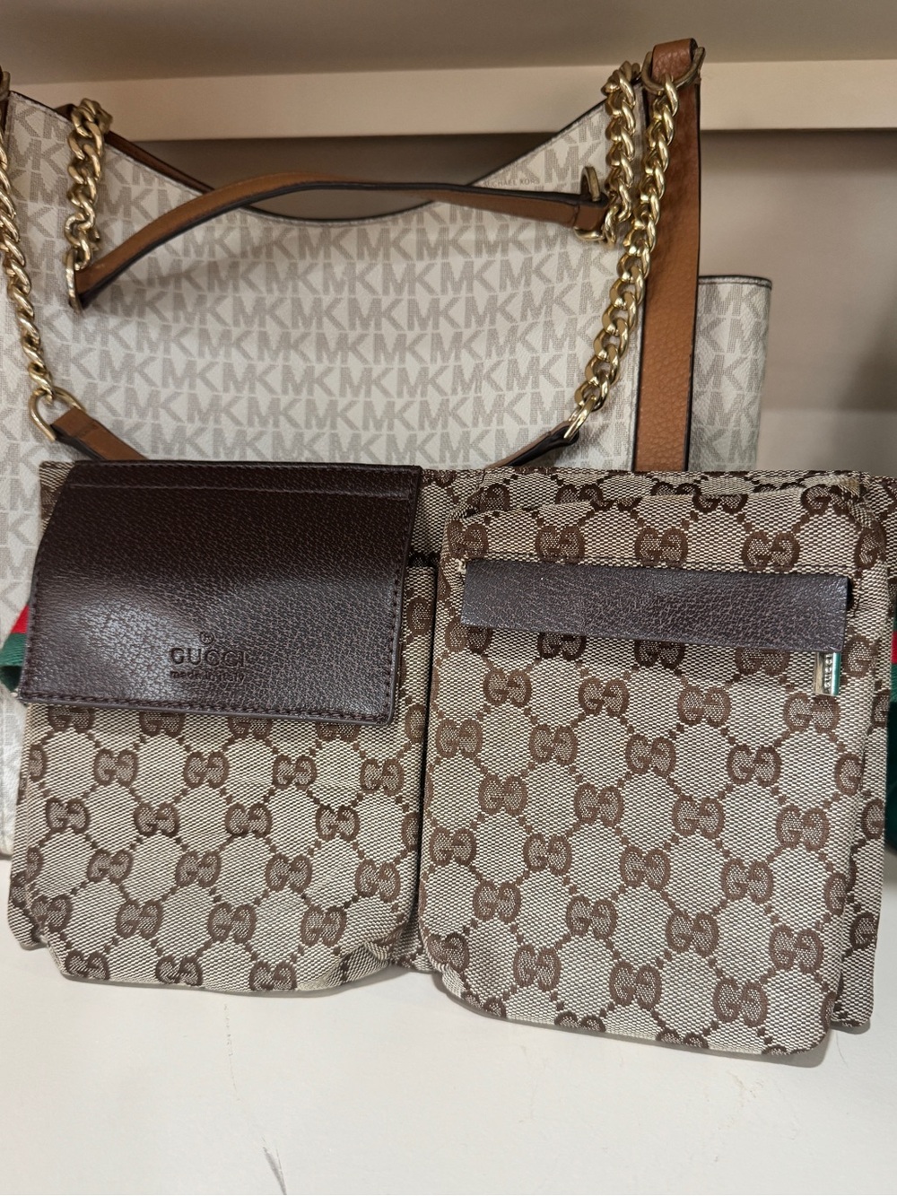 Gucci Beige Brown GG Supreme Double Pocket Belt Bag